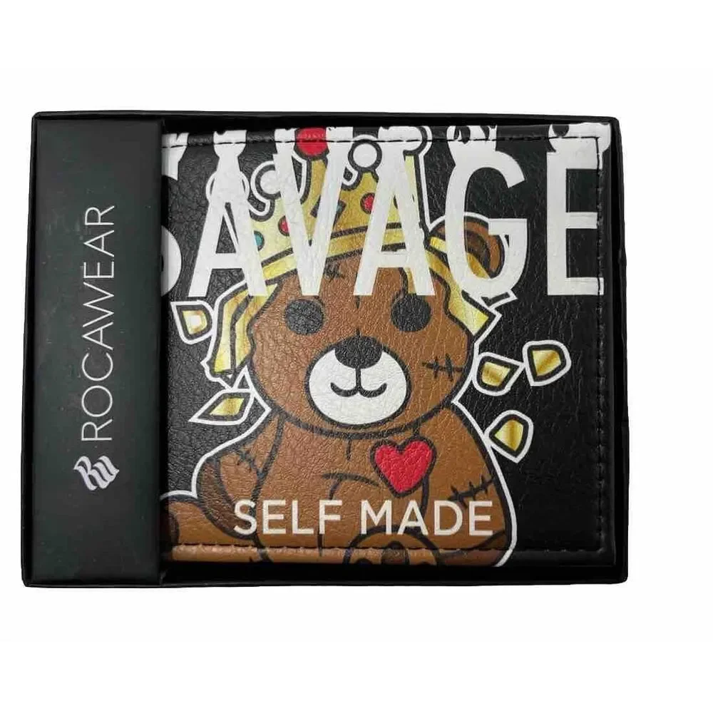 ROCAWEAR MEN'S Wallet BIFOLD SLIM BLACK SAVAGE KING BEAR - SELF MADE
